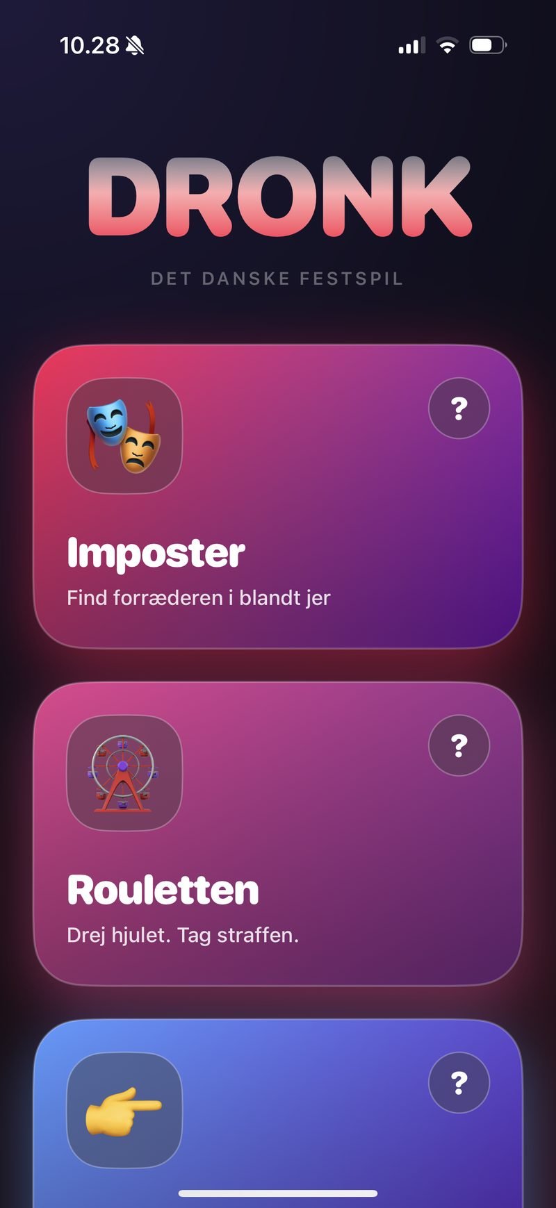 Dronks startskærm med de 6 drukspil — Imposter, Rouletten, Mest tilbøjelig til og mere