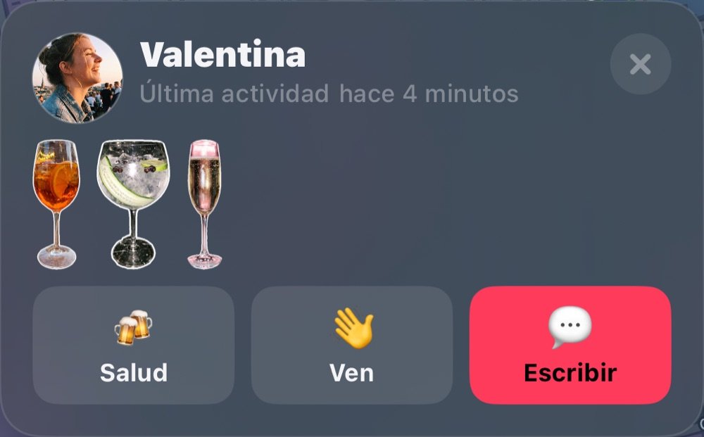 Valentina en el mapa: última actividad, vasos de la noche, Brindar, Ven y Mensaje