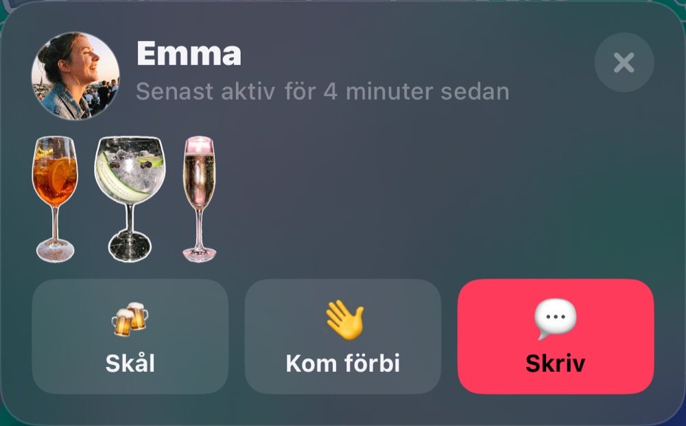 Emma på kartan: senast aktiv, kvällens glas, Skål, Kom förbi och Meddelande