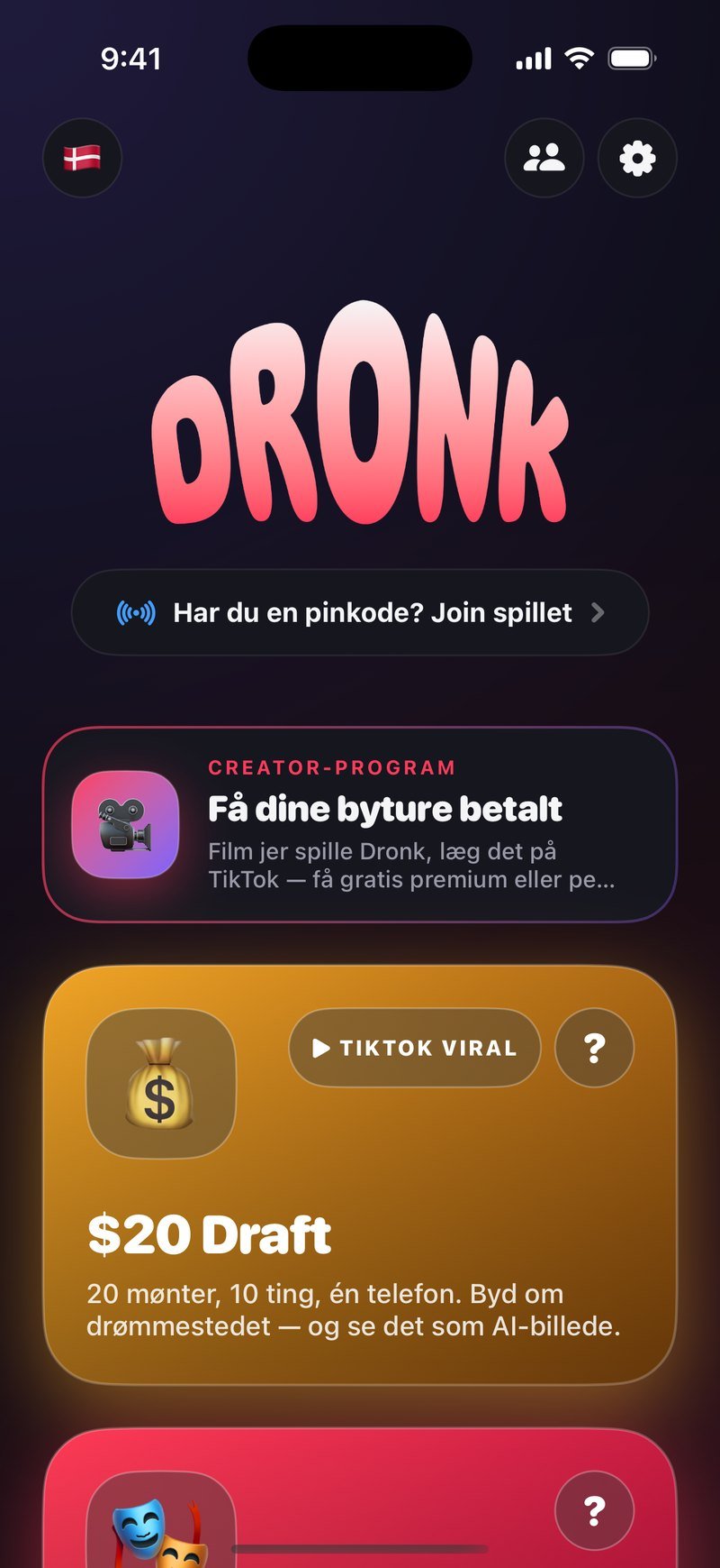 Forsiden i Dronk-appen med spillene på række, blandt andet Pandoras Æske