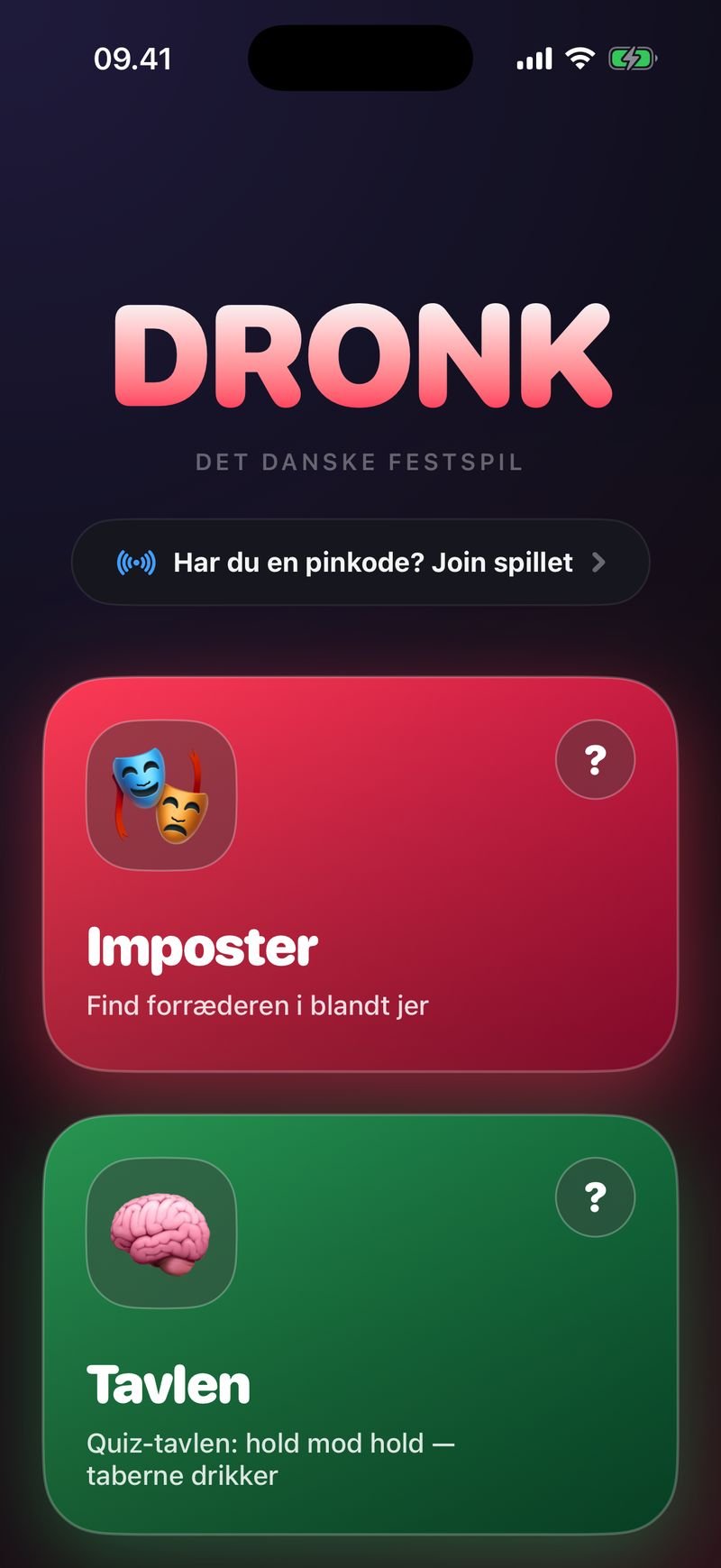 Dronks forside med 12 festspil — Imposter, Tavlen og LIVE-spil med pinkode