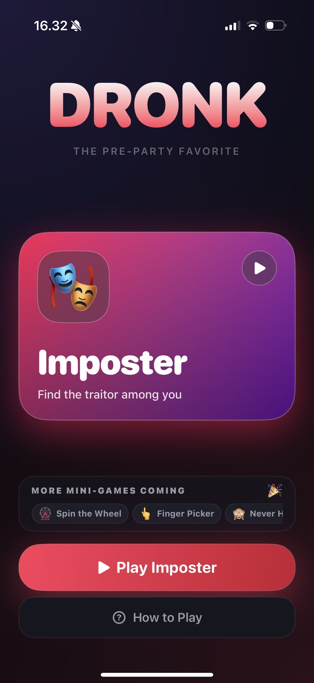 Dronk imposter spil app forside