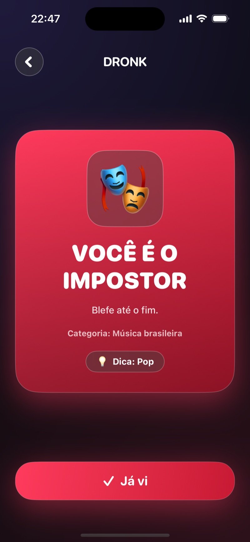 Jogo do impostor no Dronk: você é o impostor e não sabe a palavra