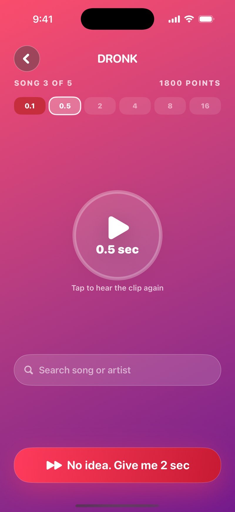 One Second in Dronk: song 3 of 5, a big play button at 0.5 seconds, six step dots and a search field
