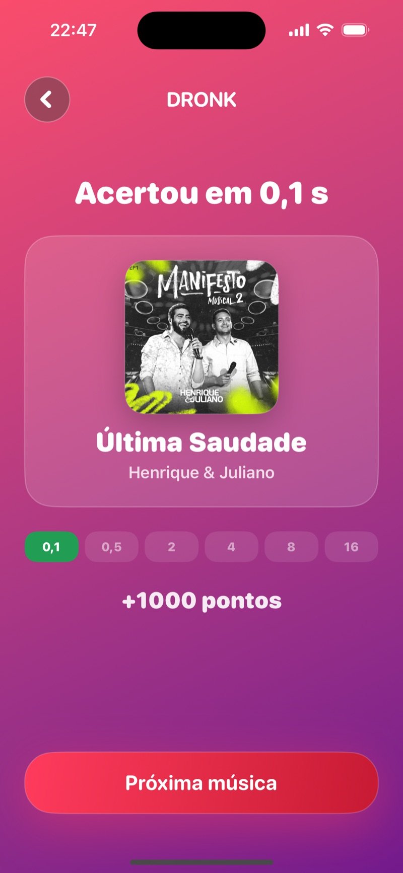 Um Segundo no Dronk: música 3 de 5, um botão grande de play em 0,5 segundo, seis pontos de etapa e um campo de busca