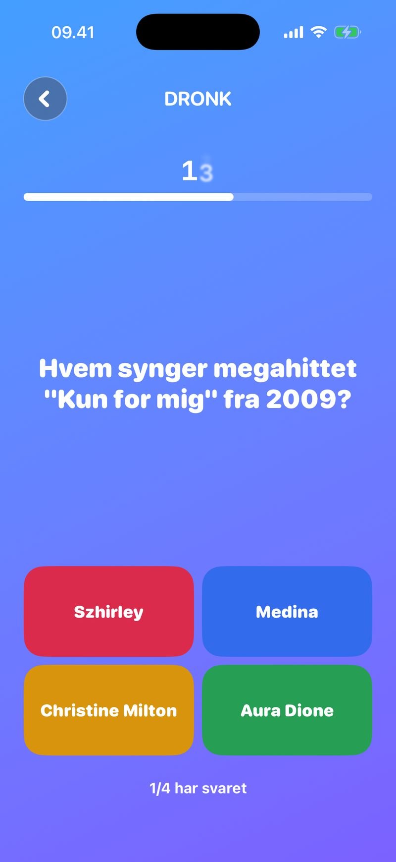 Quizzen i Dronk — live quiz-spørgsmål med fire svarmuligheder på egen telefon