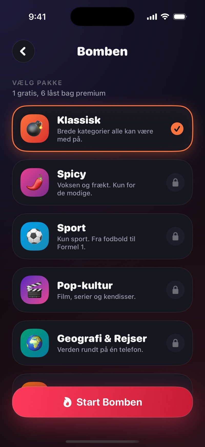 Pakkevælgeren i Bomben under overskriften Vælg pakke: Klassisk er valgt, under den står Spicy, Sport, Pop-kultur og Geografi & Rejser, og nederst knappen Start Bomben