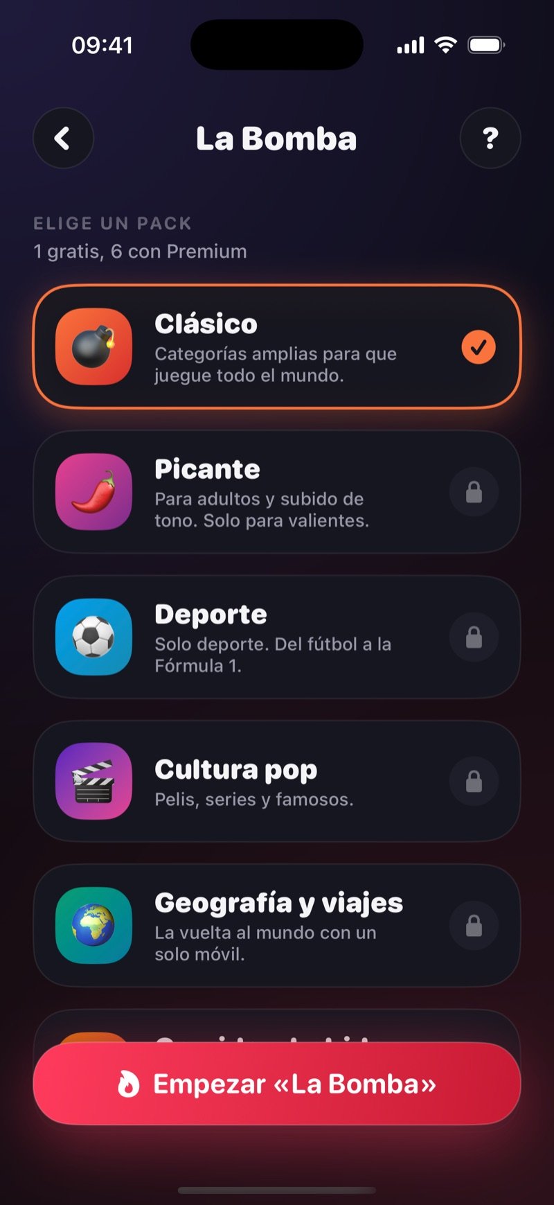 La Bomba en la app Dronk: la pantalla para elegir los packs de categorías