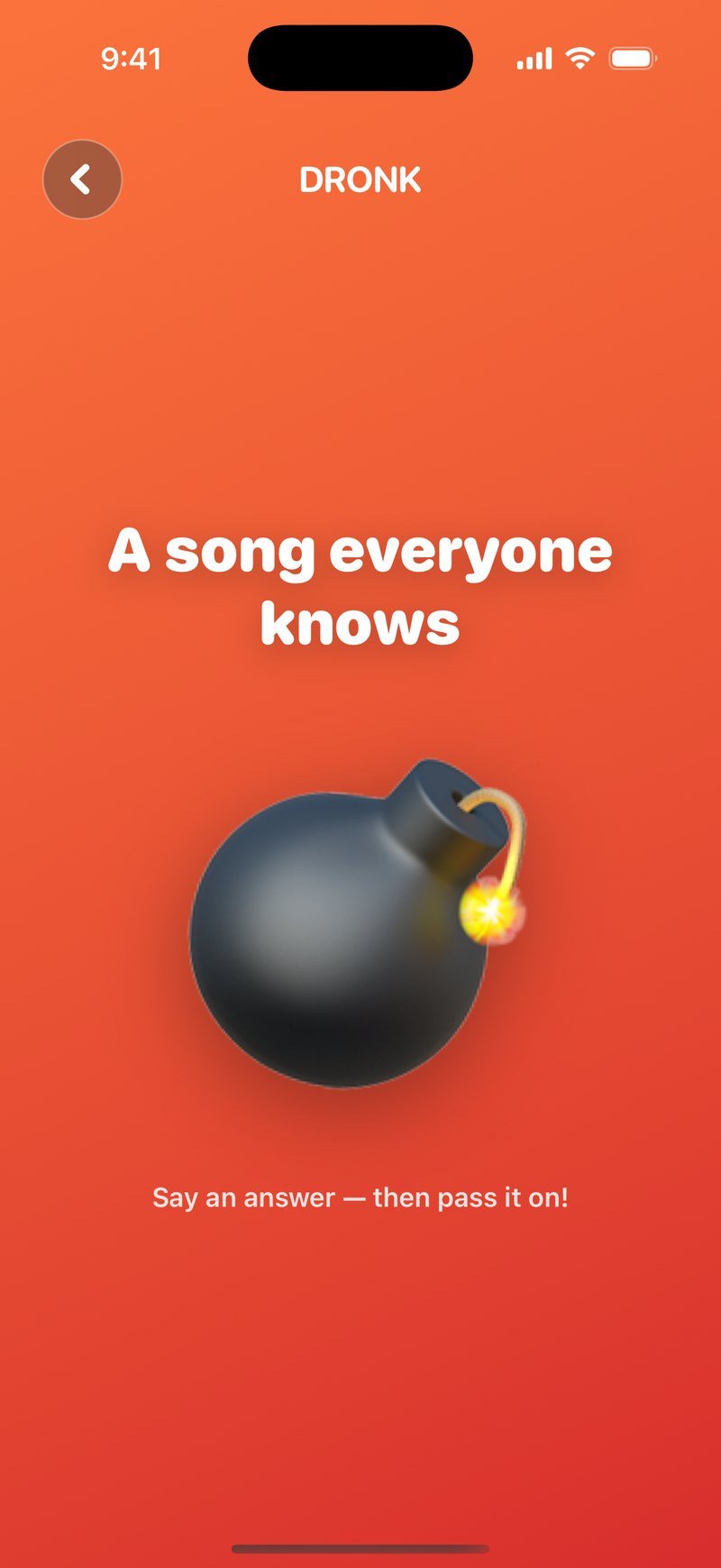 The Bomb in the Dronk app: a category on screen while the fuse burns