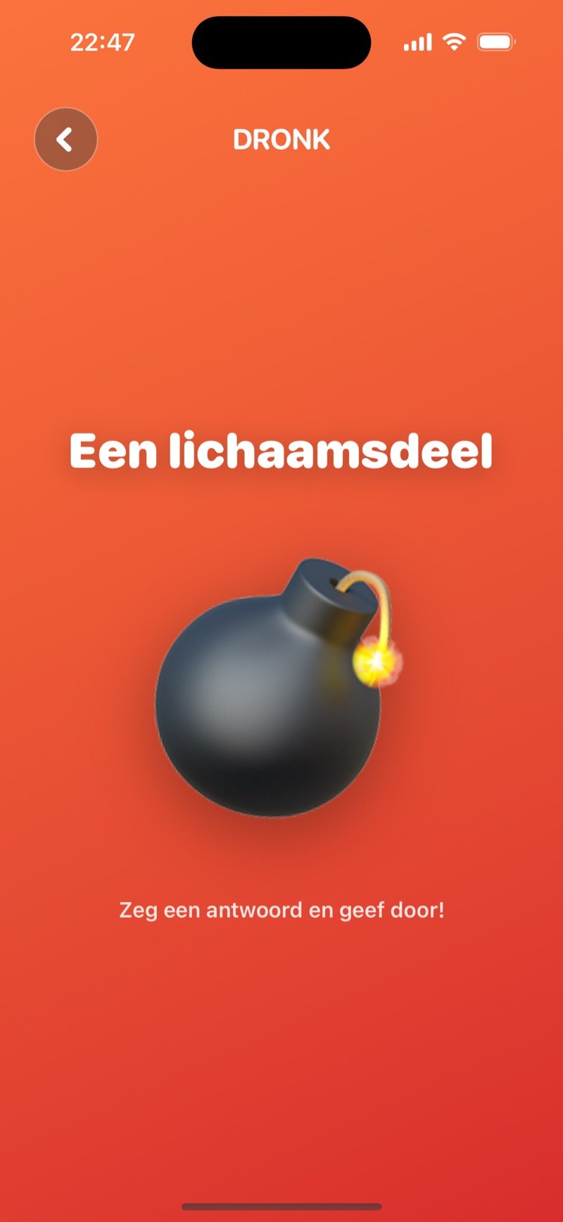De Bom in de Dronk app: een categorie op het scherm terwijl de lont brandt