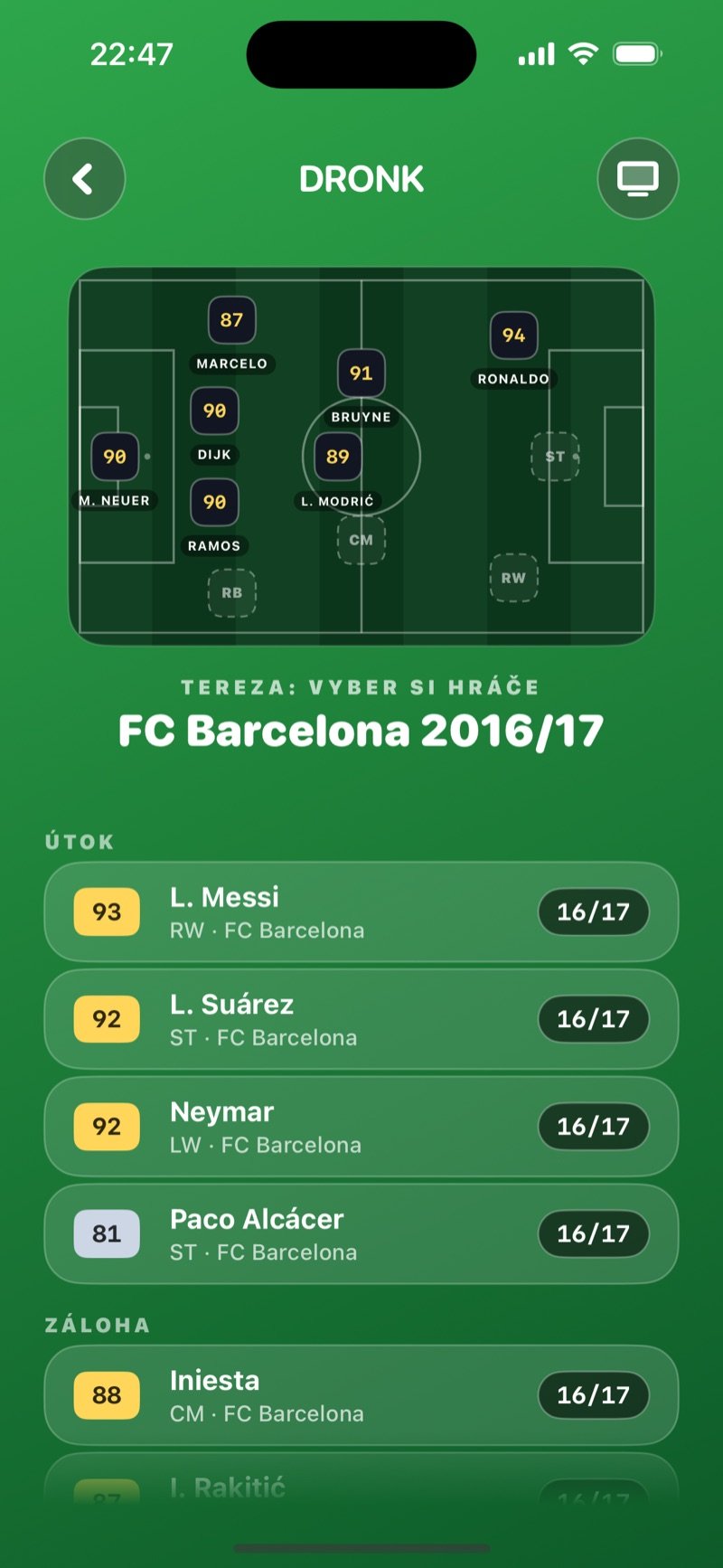 Výběr hráče ve Fotbalovém draftu: soupiska týmu, na který padlo kolo, s hráči rozdělenými na útok, zálohu, obranu a brankáře, u každého pozice a hodnocení