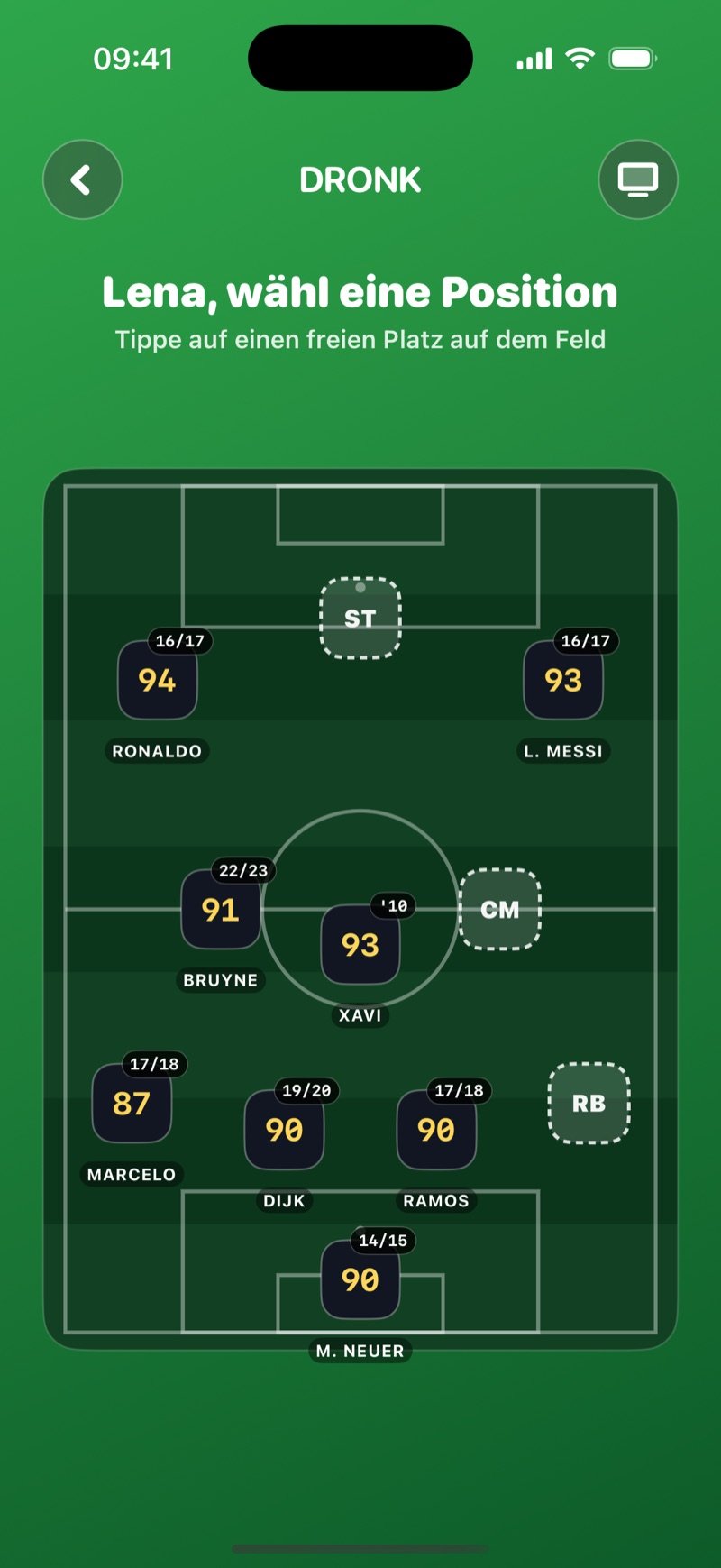 Fußball-Draft in der Dronk App: die Aufstellung auf dem Spielfeld