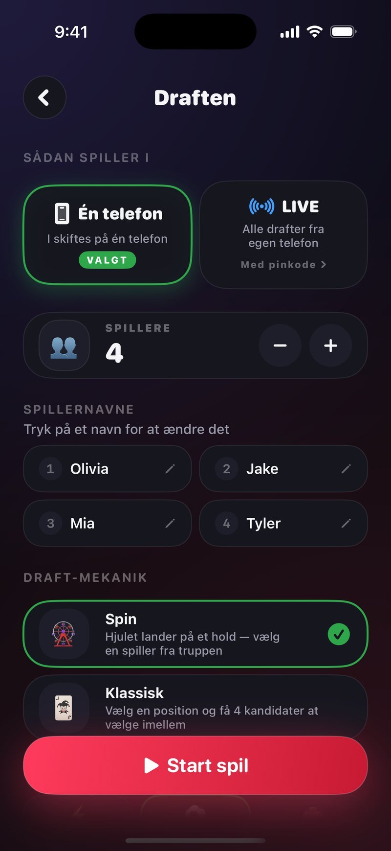 Opsætningen i Draften: Én telefon er valgt ved siden af LIVE med pinkode, 4 spillere med navnene Olivia, Jake, Mia og Tyler, draft-mekanikken Spin markeret over Klassisk, og knappen Start spil