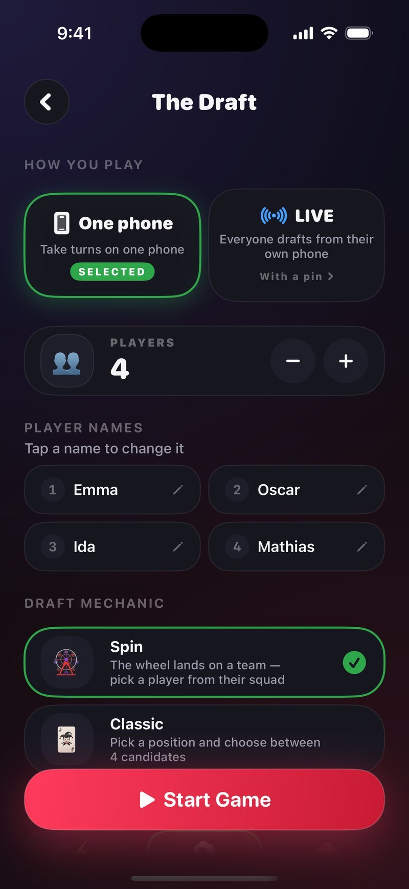 The Draft setup screen in Dronk: How you play with One phone selected and a LIVE option, 4 players named Olivia, Jake, Mia and Tyler, draft mechanic Spin selected over Classic, and a Start Game button