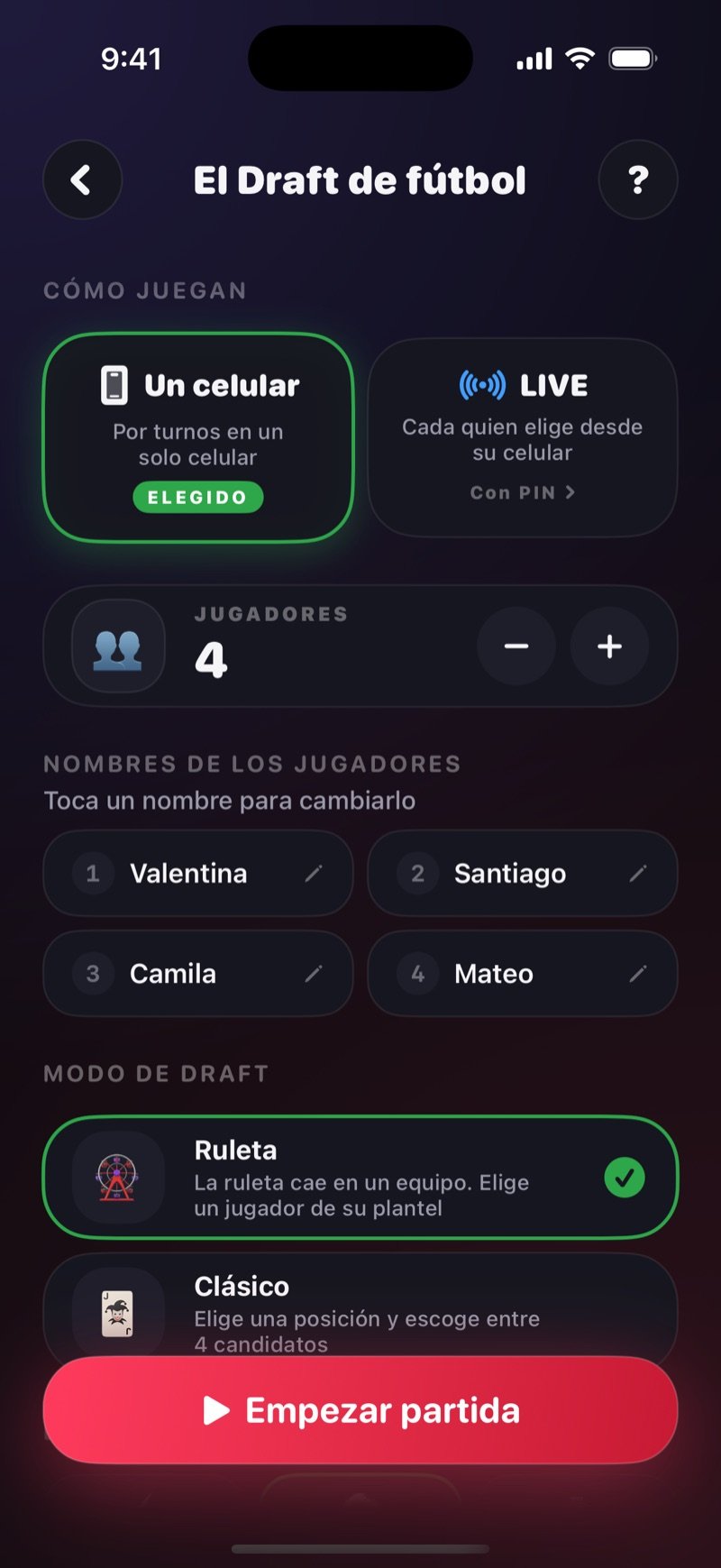 La pantalla de configuración de El Draft de fútbol en Dronk: elegir entre un celular o LIVE, los nombres de los jugadores, el modo de draft Ruleta o Clásico y el botón Empezar partida
