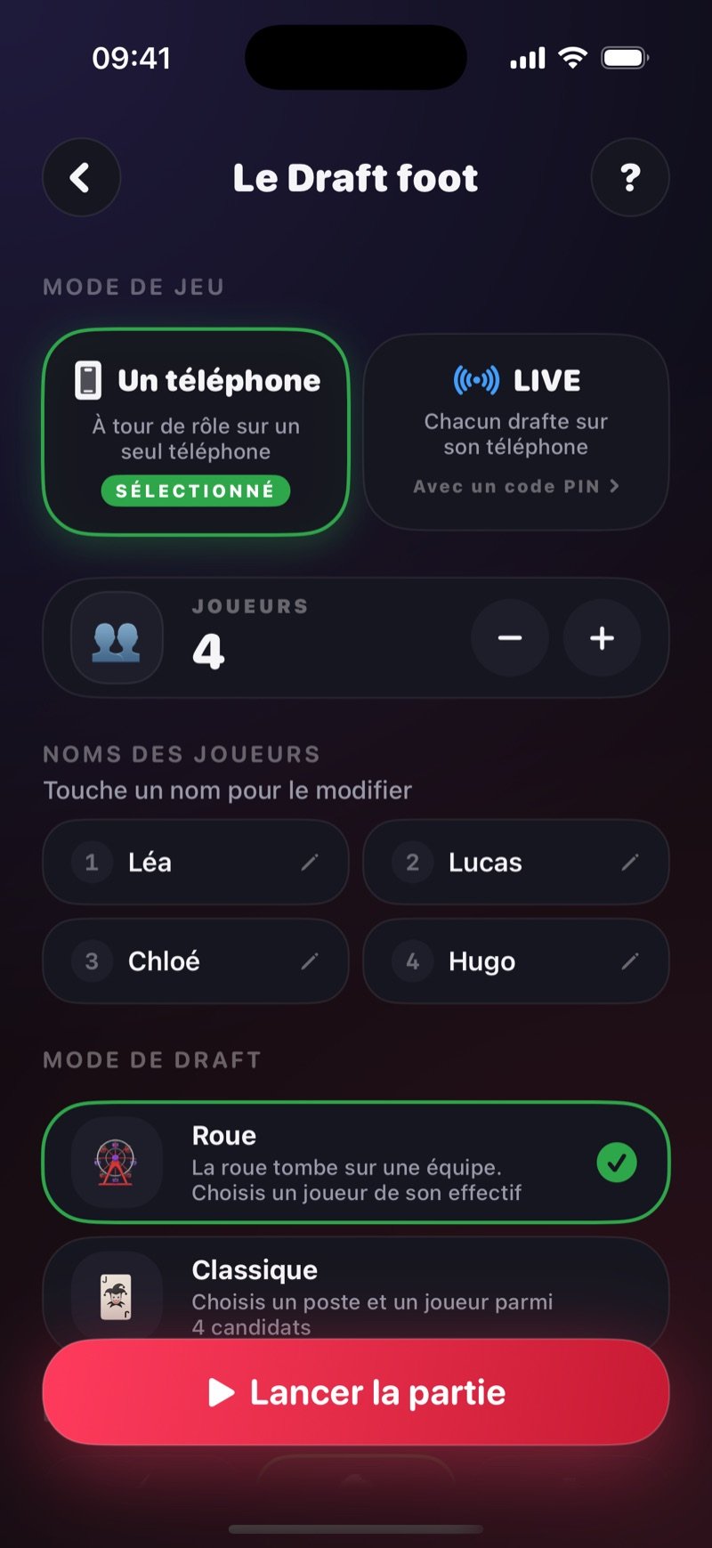 Écran de mise en place du Draft foot dans Dronk : How you play avec One phone sélectionné et une option LIVE, 4 joueurs nommés Olivia, Jake, Mia et Tyler, la mécanique de draft Spin sélectionnée plutôt que Classic, et un bouton Start Game (capture de la version anglaise)