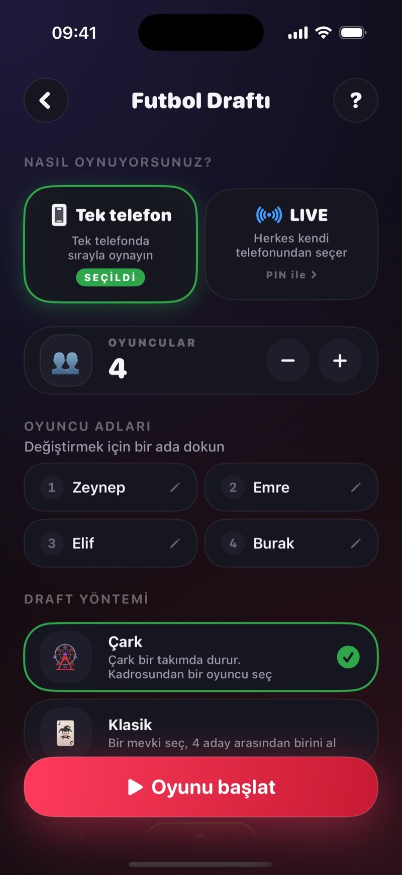 Dronk'ta Futbol Draftı kurulum ekranı: tek telefon ya da LIVE seçimi, oyuncu isimleri, Çark ya da Klasik draft yöntemi ve Oyunu başlat düğmesi