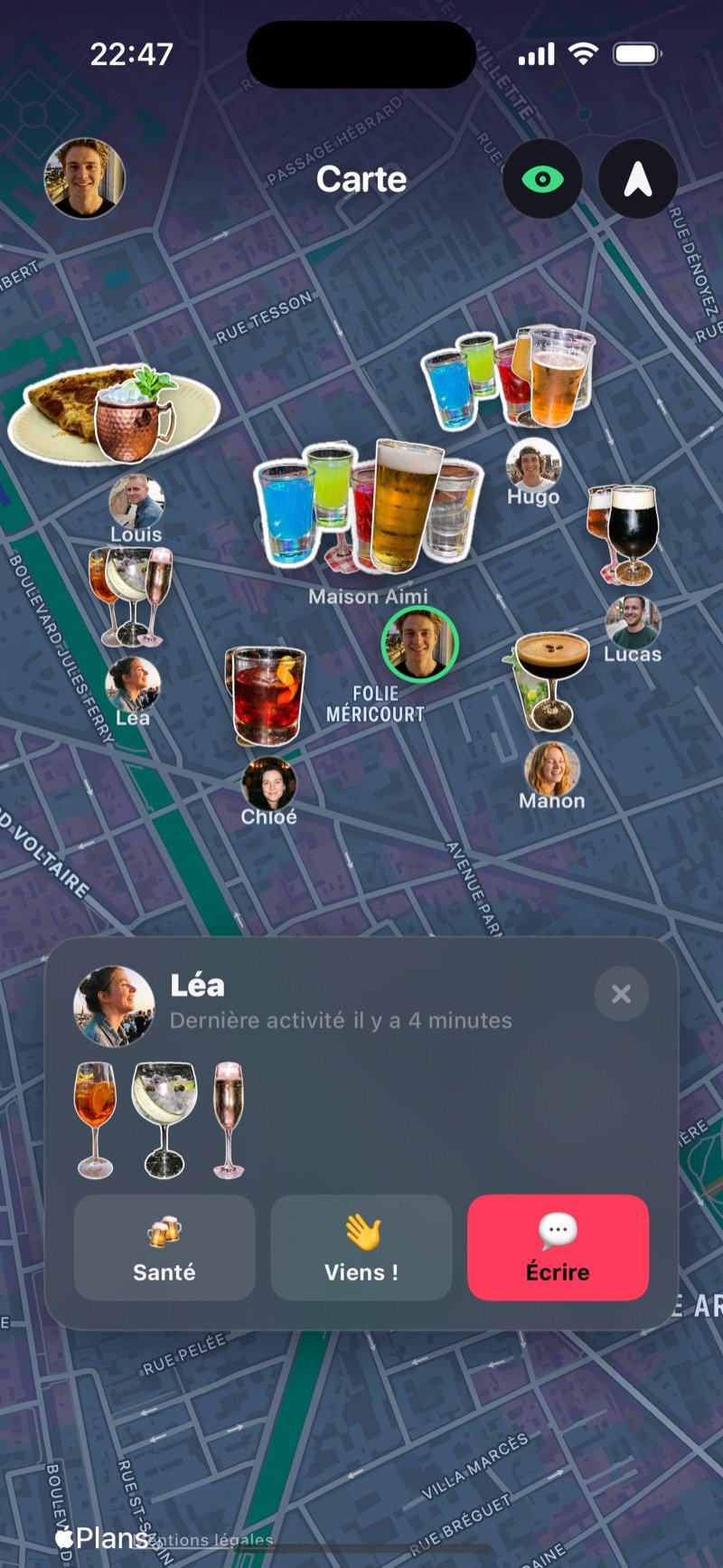 La carte de Dronk avec les amis et leurs verres ce soir