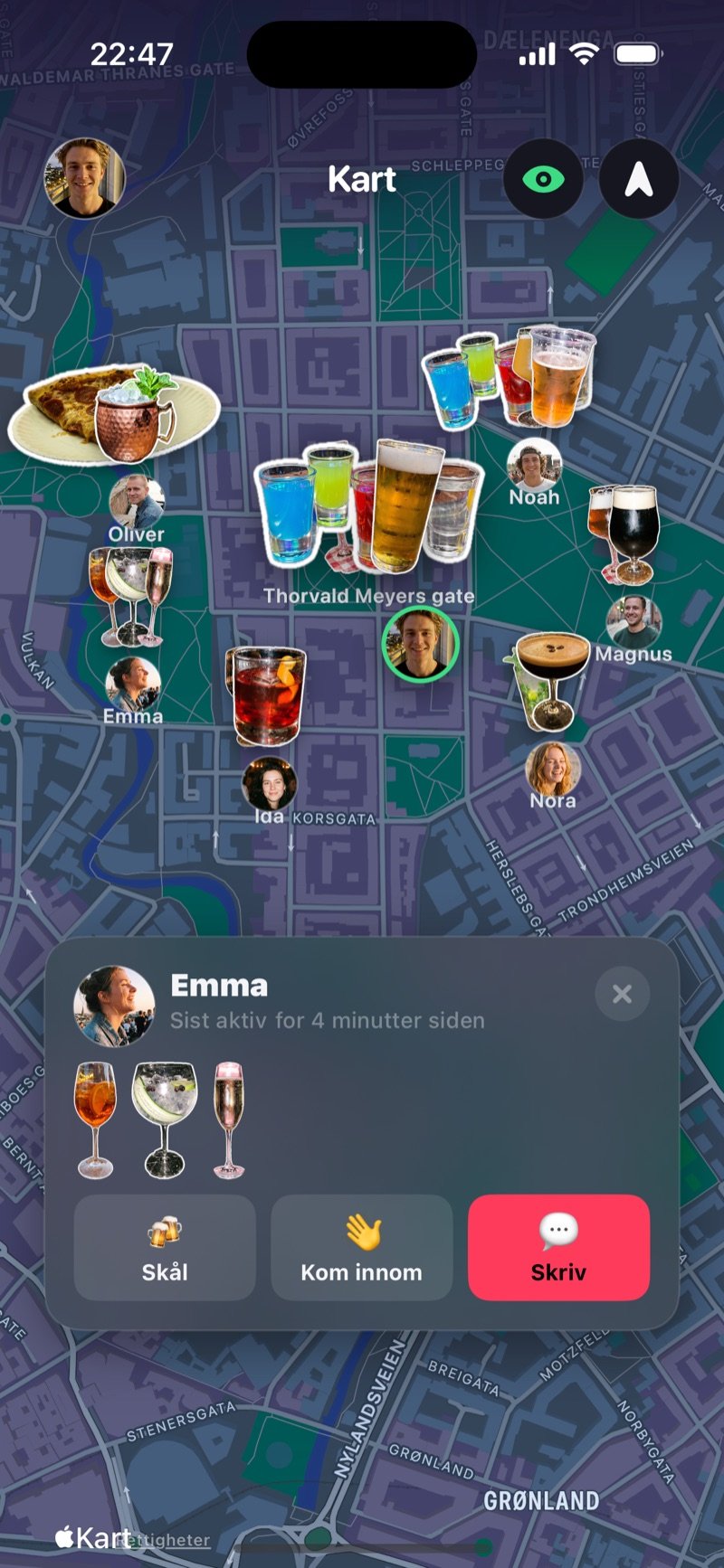 Kartet i Dronk med venner og glassene deres i kveld
