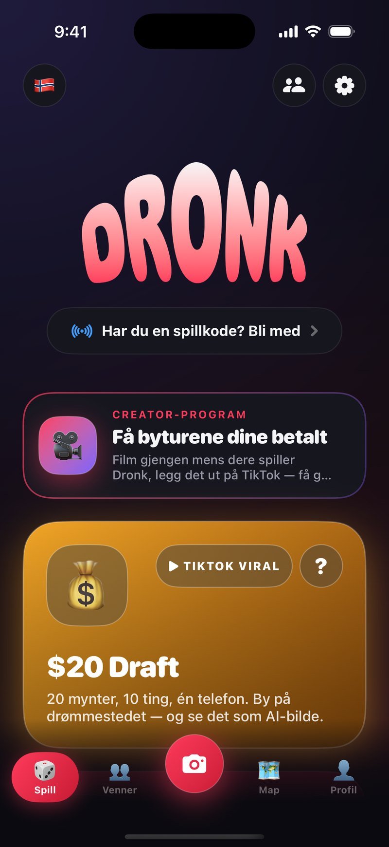 Forsiden i Dronk-appen på norsk med ordmerket DRONK, linjen Har du en spillkode? Bli med, creator-kortet og $20 Draft-kortet, og menylinjen med Spill, Venner, Map og Profil