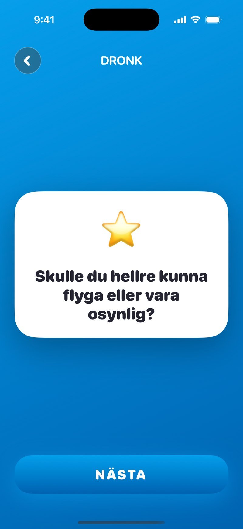 Vad väljer du helst i Dronk på svenska: kortet frågar om du hellre vill kunna flyga eller vara osynlig