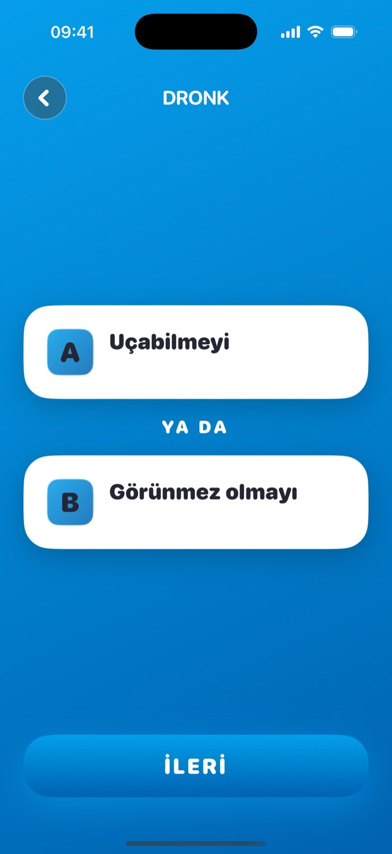 Dronk uygulamasında Hangisini Seçerdin: kartta bir ikilem sorusu