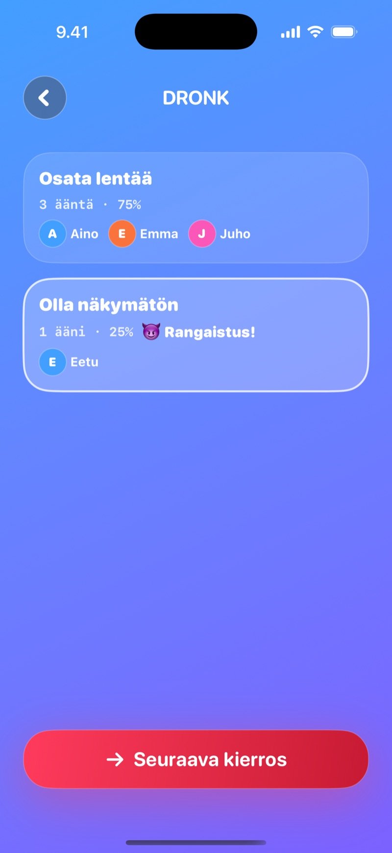 Kumpi mieluummin LIVE -tulos Dronkissa: molemmat vaihtoehdot äänineen ja prosentteineen, vähemmistölle rangaistus ja Seuraava kierros -painike