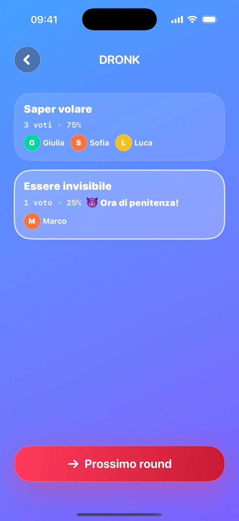 Risultato LIVE di Preferiresti in Dronk: Be able to fly 3 voti 75% contro Be invisible 1 voto 25%, Penalty time sulla minoranza, pulsante Next round (screenshot della versione inglese)
