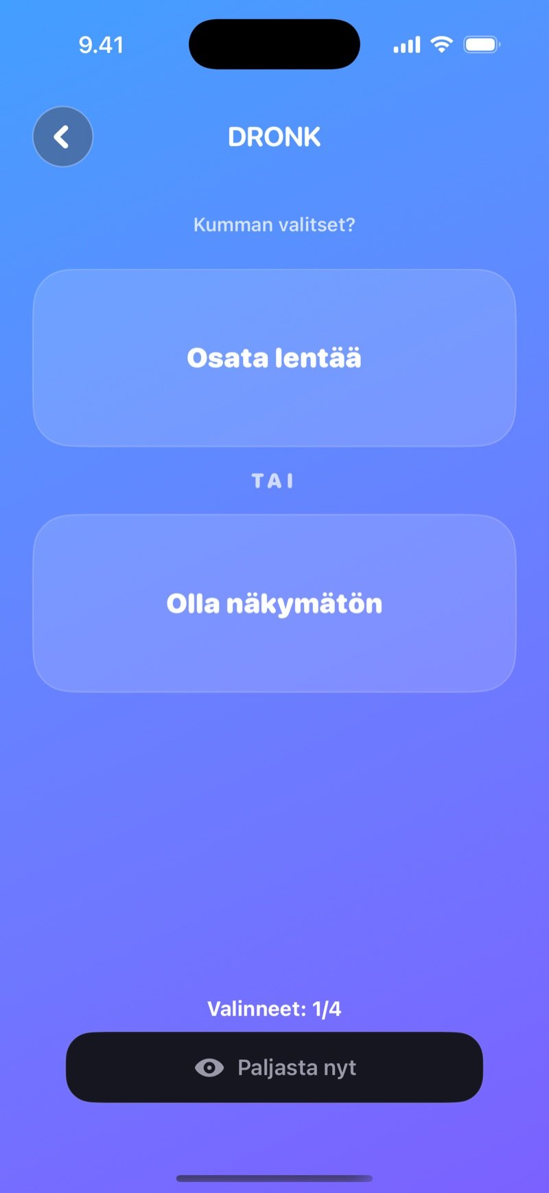 Kumpi mieluummin LIVE -äänestys Dronkissa: kaksi vaihtoehtoa, montako on jo valinnut ja Paljasta nyt -painike