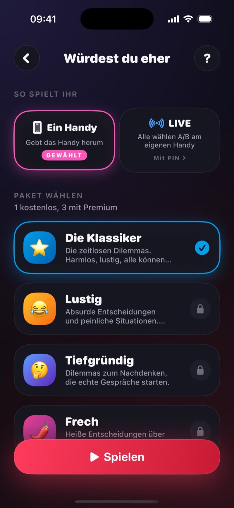 Der Aufbau-Bildschirm von Würdest du eher in Dronk: One phone gewählt, eine LIVE-Option und das Pack The Classics angehakt über dem Play-Button