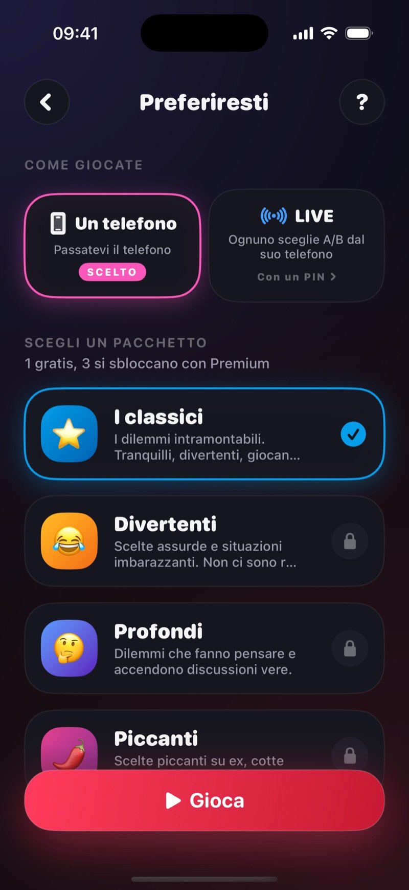 Schermata di preparazione di Preferiresti in Dronk: One phone selezionato, l'opzione LIVE e il pacchetto The Classics spuntato sopra il pulsante Play (screenshot della versione inglese)
