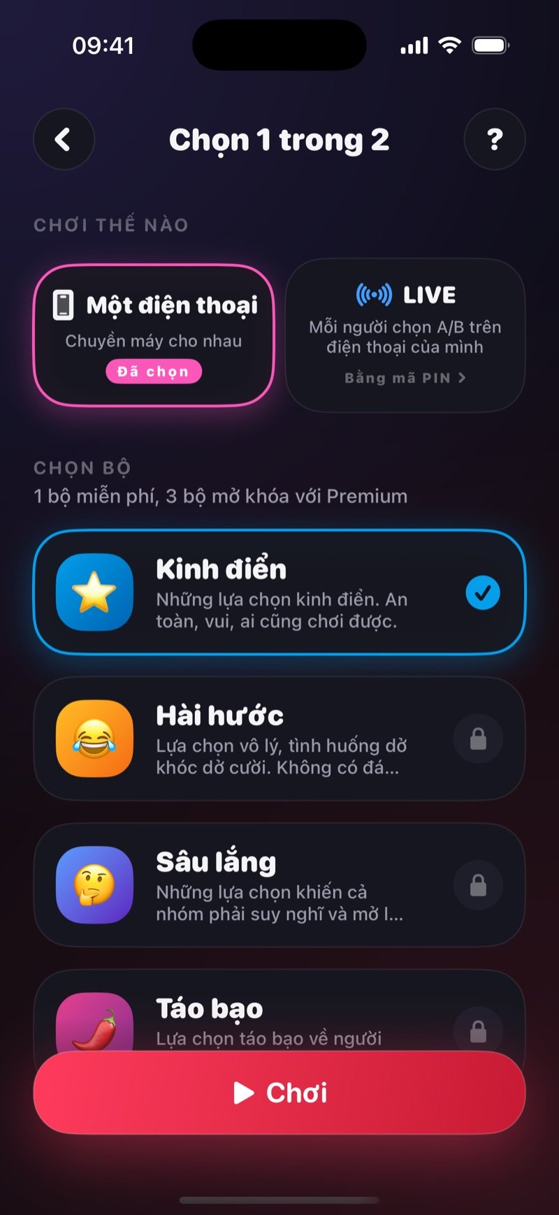 Màn hình thiết lập Chọn 1 trong 2 trong Dronk: chọn chơi chung một điện thoại hoặc LIVE, chọn bộ câu hỏi và nút Chơi