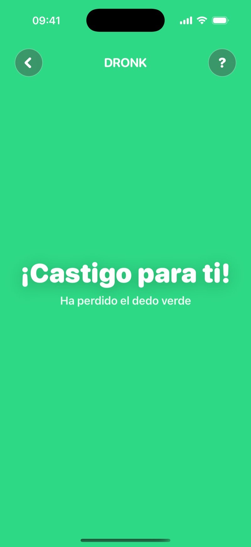 El resultado de Sorteo de dedos en Dronk: toda la pantalla en verde con 'Take a penalty! The green one lost' (captura de la versión en inglés)