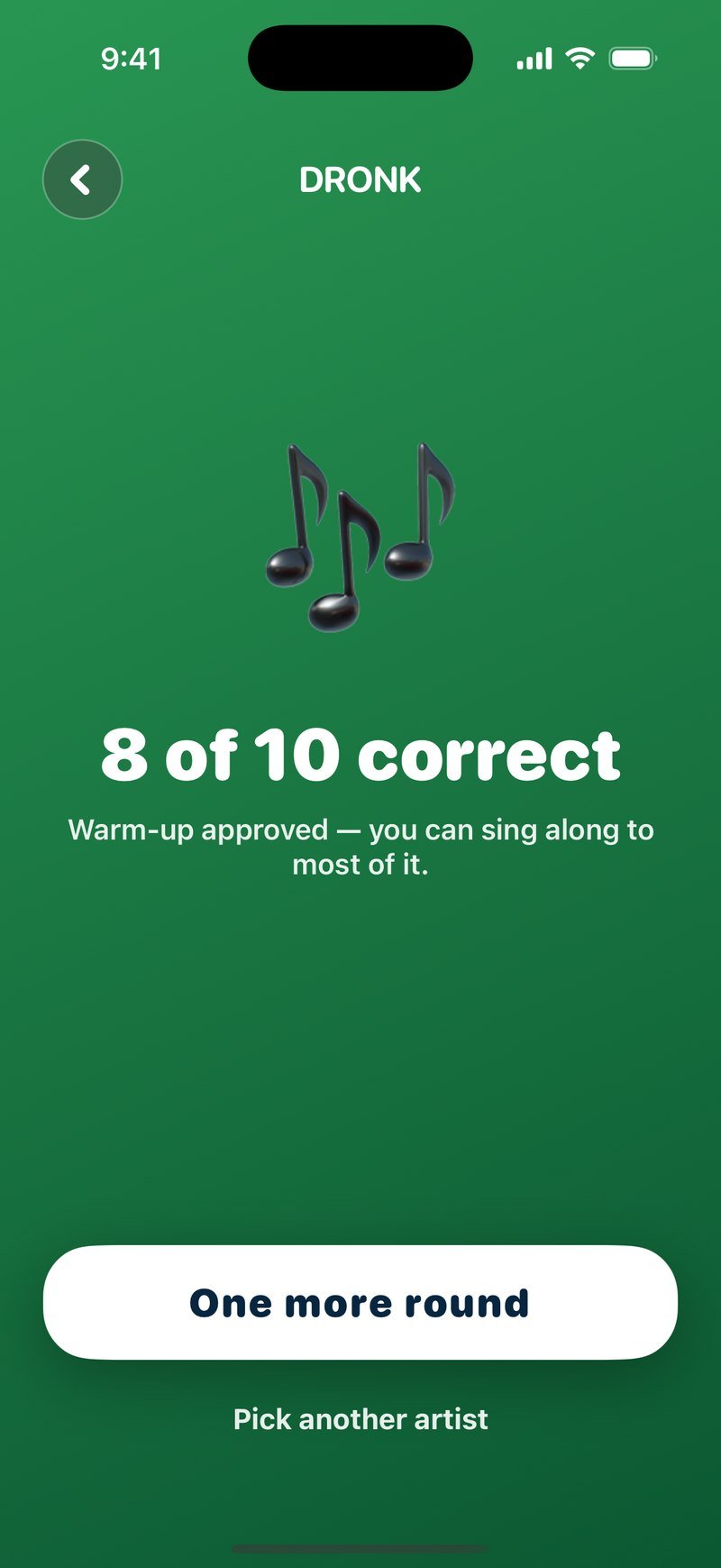 The Guess the Song result screen: a big note icon, 8 of 10 correct, the line Warm-up approved, you can sing along to most of it, a One more round button and a Pick another artist link