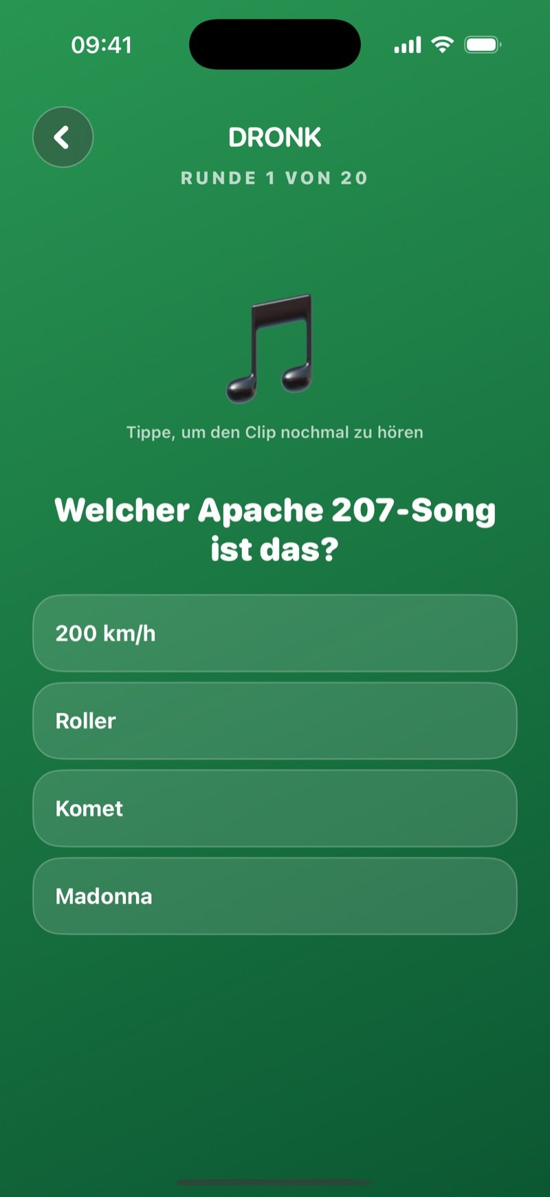 Songs erraten in der Dronk App: Runde 1 von 20, ein Noten-Symbol mit Tap to replay the clip, die Frage Which Lewis Capaldi song is this? und vier Titel: Before You Go, Someone You Loved, Bruises, Hold Me While You Wait