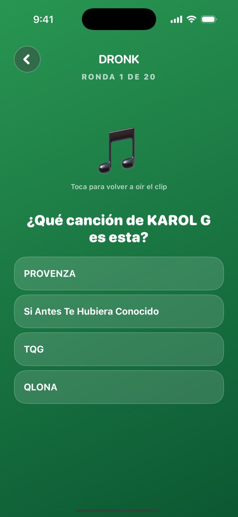 Adivina la canción en la app Dronk: una ronda con un ícono de nota para repetir el clip, la pregunta de qué canción del artista es y cuatro títulos para elegir