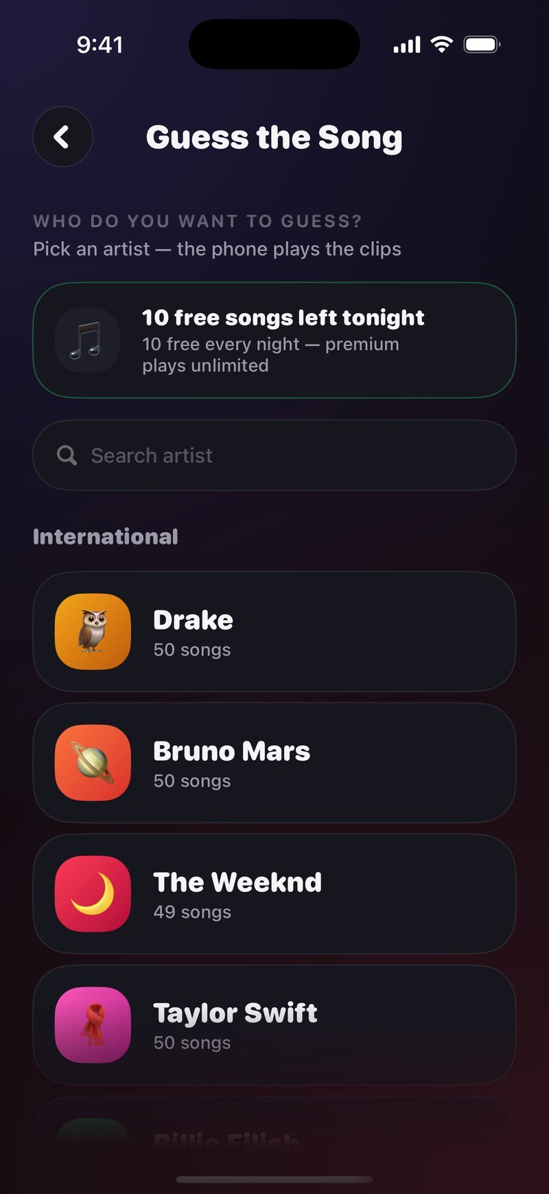 The Guess the Song artist picker: Who do you want to guess? Pick an artist, a green box reading 10 free songs left tonight, a Search artist field and the International list with Drake, Bruno Mars, The Weeknd and Taylor Swift at about 50 songs each