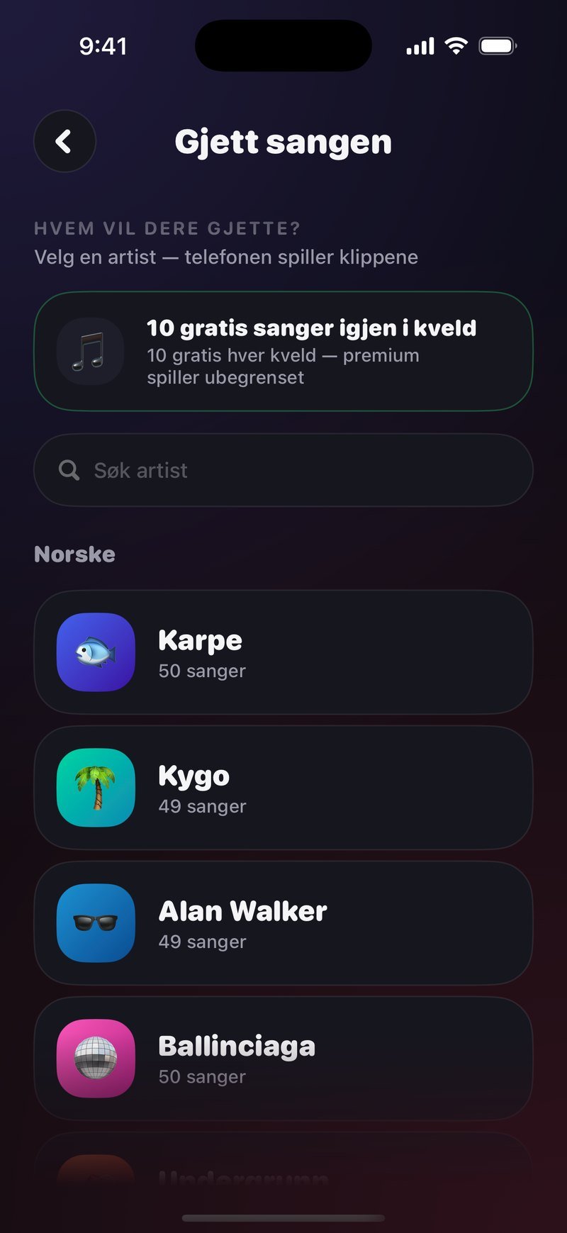 Artistvelgeren i Gjett sangen i Dronk: overskriften HVEM VIL DERE GJETTE med linja Velg en artist, telefonen spiller klippene, et søkefelt som heter Søk artist, og under overskriften Norske ligger Karpe, Kygo, Alan Walker og Ballinciaga med hvert sitt fargede ikon