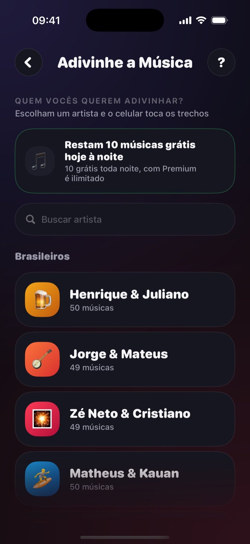 O seletor de artistas do Adivinhe a Música: Who do you want to guess? Pick an artist, uma caixa verde com 10 free songs left tonight, um campo Search artist e a lista International com Drake, Bruno Mars, The Weeknd e Taylor Swift com cerca de 50 músicas cada (captura da versão em inglês)