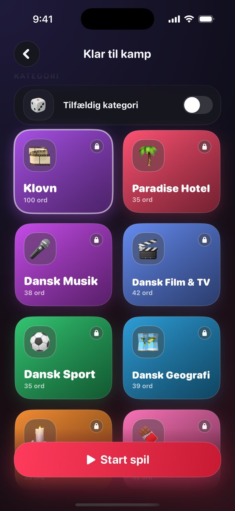 Kategorivalget i Dronk med Klovn valgt og mærket 100 ord, ved siden af Paradise Hotel med 35 ord, Dansk Musik med 38 ord, Dansk Film og TV med 42 ord, Dansk Sport med 35 ord og Dansk Geografi med 39 ord