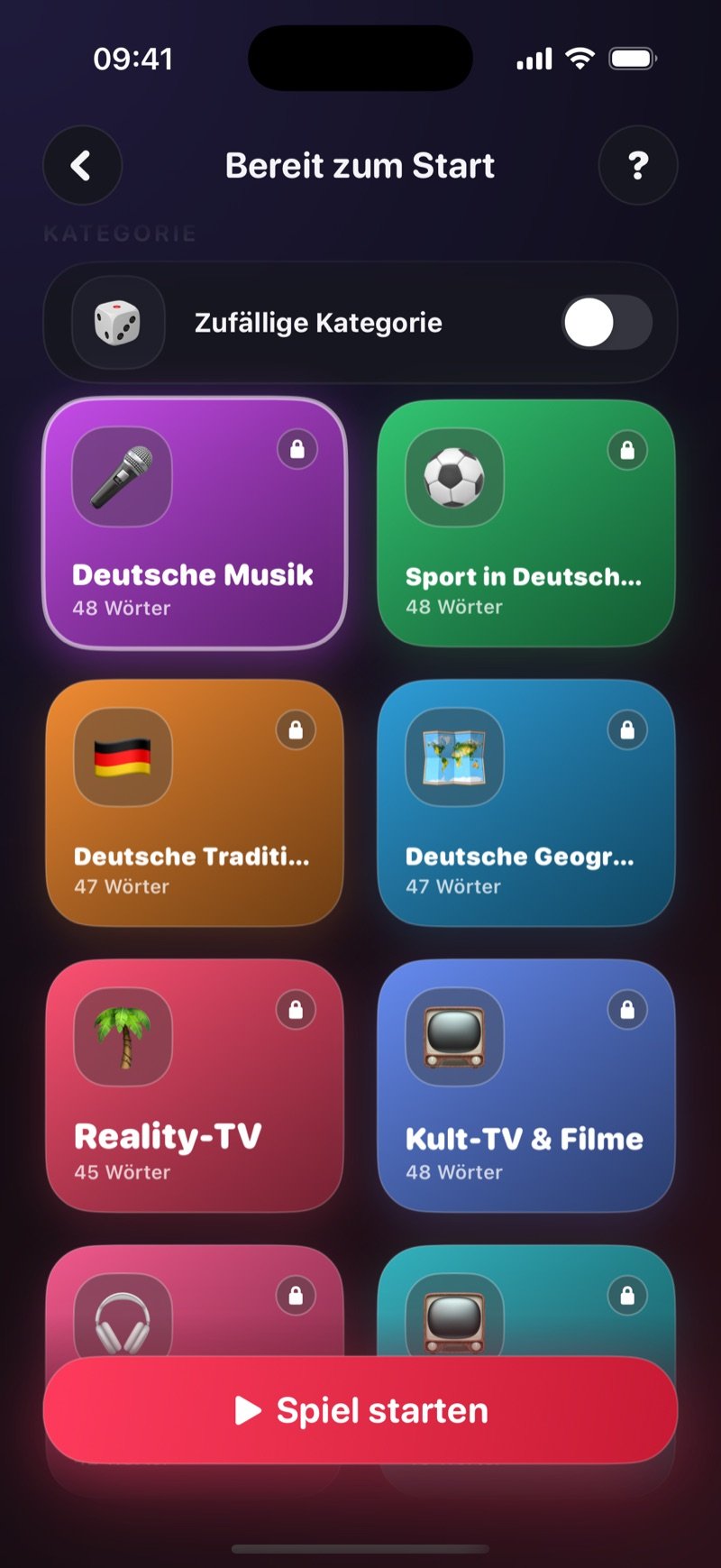 Das Kategorien-Raster vom Imposter-Spiel in Dronk: der Schalter Random category, darunter Kacheln für Music (42 Wörter), TV Shows (46), Fast Food (44), NFL (44), NBA (42) und Love Island USA (44)