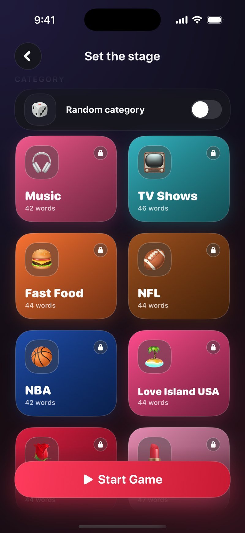Imposter category grid in Dronk: Random category toggle, then tiles for Music (42 words), TV Shows (46), Fast Food (44), NFL (44), NBA (42) and Love Island USA (44)