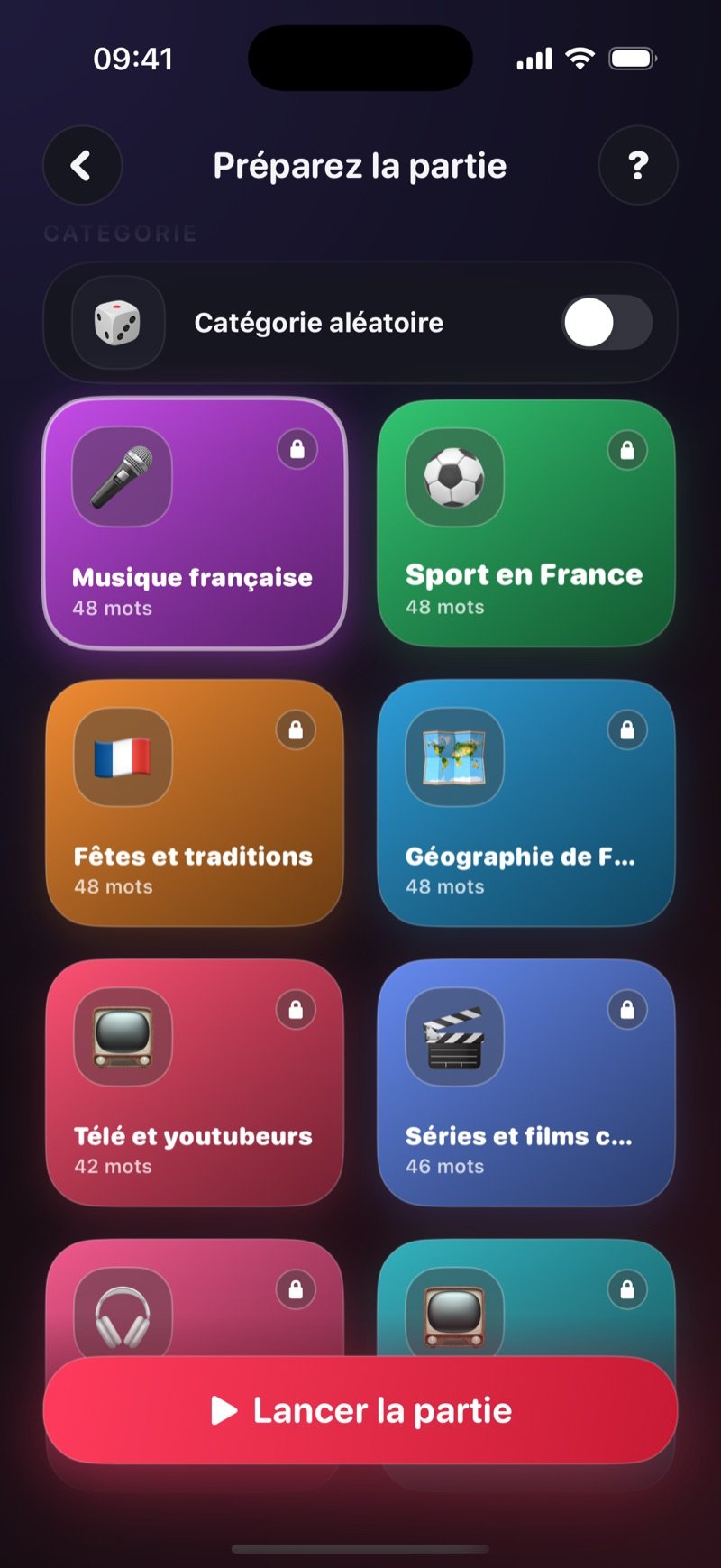 Grille des catégories de l'imposteur dans Dronk : option Random category, puis les tuiles Music (42 mots), TV Shows (46), Fast Food (44), NFL (44), NBA (42) et Love Island USA (44) (capture de la version anglaise)