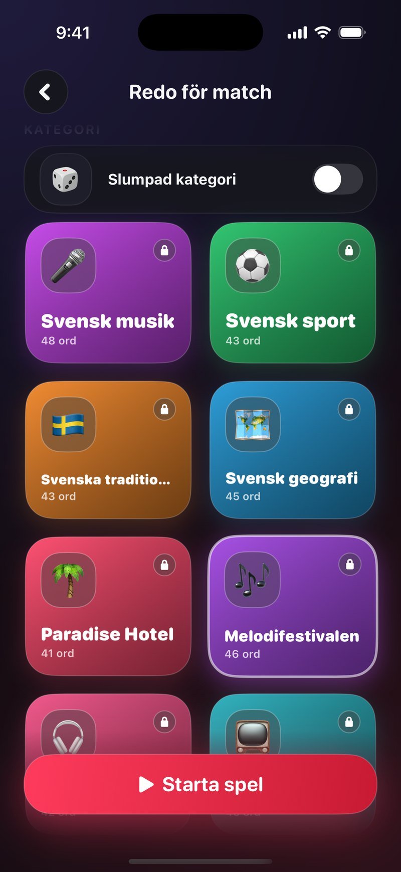 Kategorivalet i Dronk under rubriken Redo för match, med reglaget Slumpad kategori högst upp och rutorna Svensk musik 48 ord, Svensk sport 43 ord, Svenska traditioner 43 ord med svensk flagga, Svensk geografi 45 ord, Paradise Hotel 41 ord och Melodifestivalen 46 ord, samt knappen Starta spel