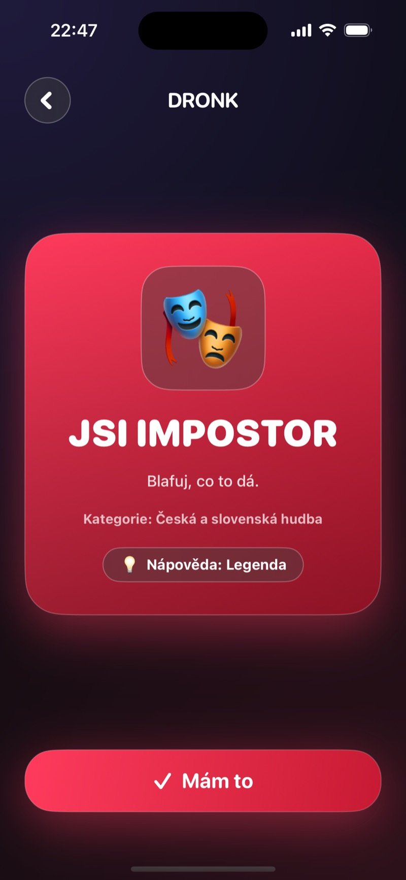 Impostor v aplikaci Dronk: obrazovka, kde hráč zjistí, že je zrádce
