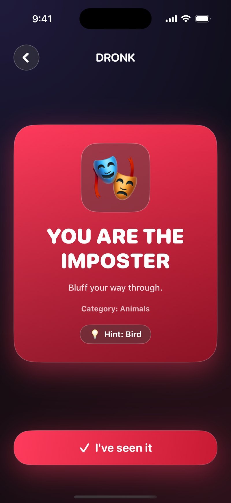The imposter's red card in Dronk: You are the imposter, bluff your way through, with Category: Animals and Hint: Bird