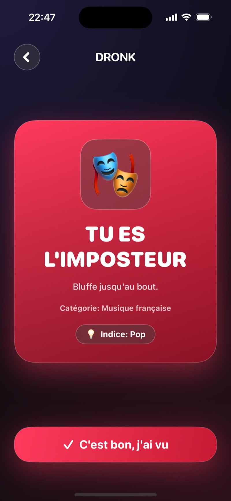 L'Imposteur dans l'app Dronk : l'écran qui annonce à un joueur qu'il est l'imposteur
