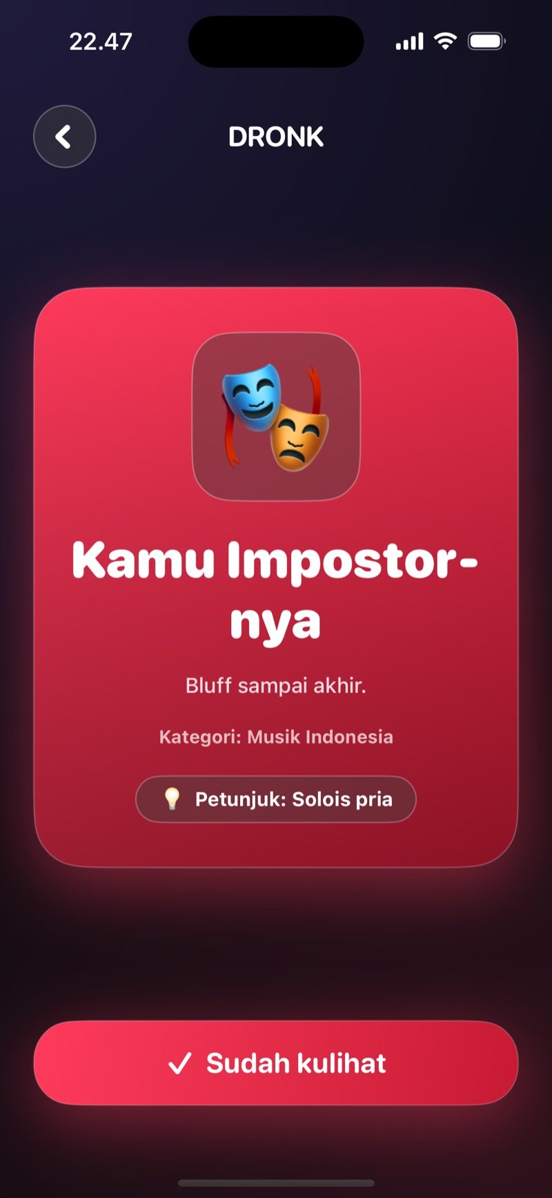 Impostor di aplikasi Dronk: layar yang menunjukkan kamu adalah impostor