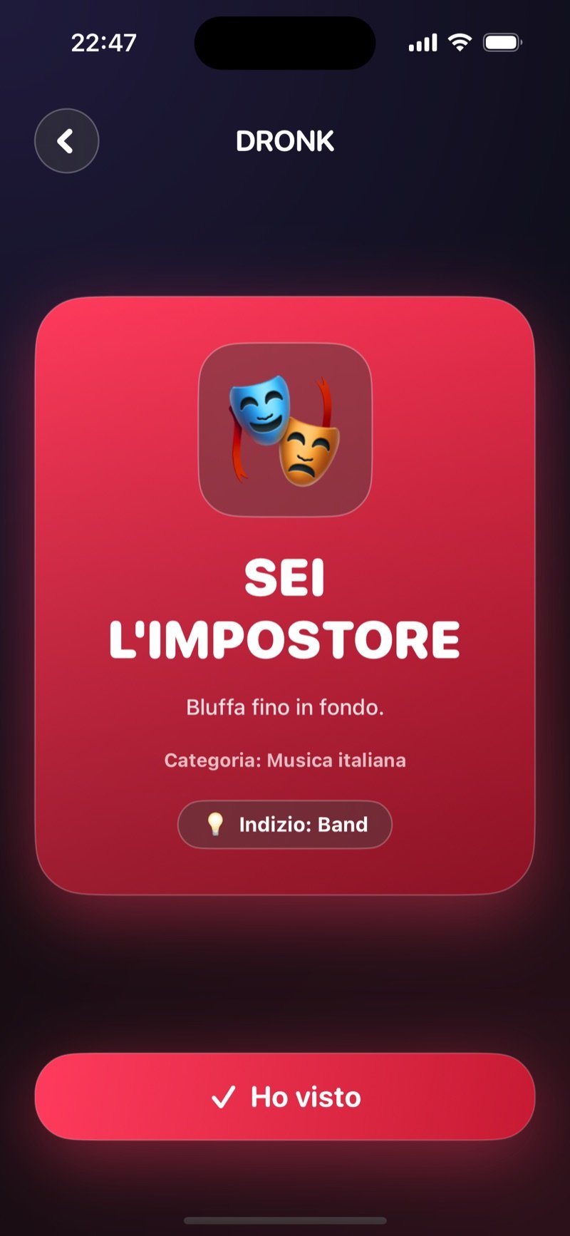 L'Impostore nell'app Dronk: la schermata che dice a un giocatore che è lui l'impostore