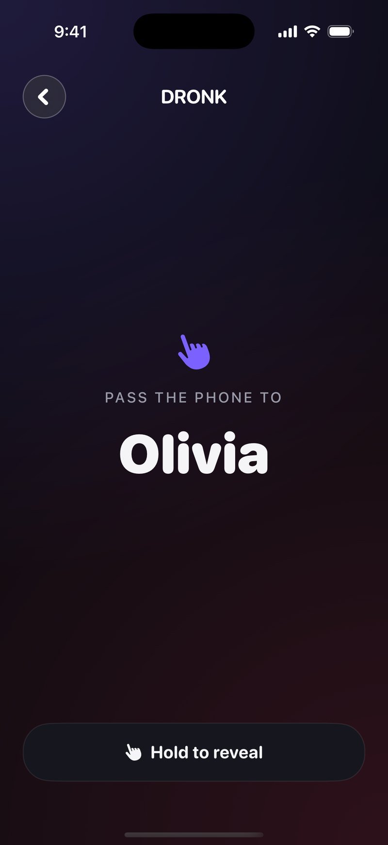 Pass-the-phone screen in Dronk: Pass the phone to Olivia, with a Hold to reveal button and the card still hidden